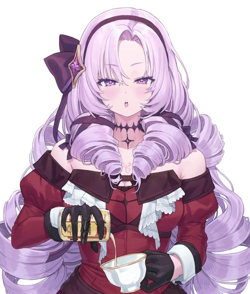 Anime picture 2349x2759 with virtual youtuber nijisanji hyakumantenbara salome hyakumantenbara salome (1st costume) punipuni (p00nipooni) single long hair tall image highres simple background white background purple eyes purple hair upper body :o drill hair tress ribbon pouring girl gloves