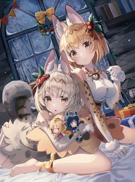 Anime picture 3500x4720 with kemono friends serval (kemono friends) fennec (kemono friends) common raccoon (kemono friends) white serval (kemono friends) animal ears (artist) tall image looking at viewer blush fringe highres short hair breasts open mouth light erotic blonde hair smile large breasts sitting multiple girls