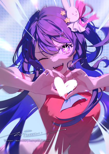 Anime picture 707x1000 with oshi no ko hoshino ai (oshi no ko) mzcca single long hair tall image looking at viewer fringe open mouth hair between eyes purple eyes signed purple hair upper body one eye closed wink one side up symbol-shaped pupils ;d heart hands