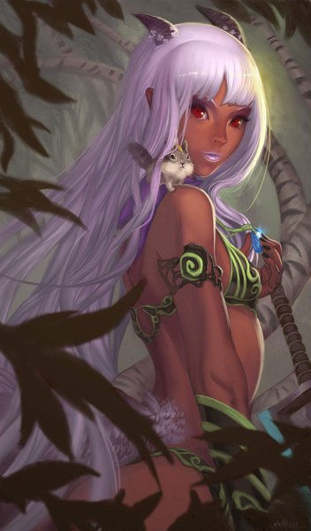 Anime picture 2500x4261 with original elsevilla long hair tall image highres red eyes purple hair nail polish looking back horn (horns) lips dark skin girl swimsuit plant (plants) animal bikini pendant jewelry