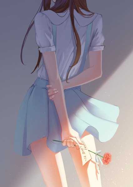 Anime picture 909x1279 with original shou shizuku (deme) single long hair tall image brown hair from behind sunlight inscription shadow short sleeves hands behind back holding arm girl skirt flower (flowers) blue skirt paper blouse suspenders