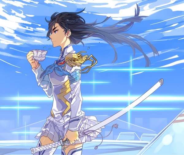 Anime picture 1323x1120 with kill la kill studio trigger kiryuuin satsuki junketsu curryuku single long hair blue eyes black hair looking away sky profile wind girl thighhighs uniform weapon sword katana military uniform