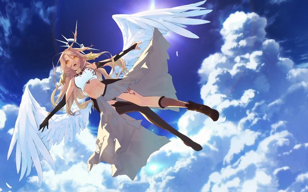 Anime picture 1920x1200 with no game no life madhouse jibril (no game no life) assassinwarrior la-na single long hair looking at viewer highres breasts open mouth light erotic blonde hair yellow eyes sky cloud (clouds) bent knee (knees) bare belly from below spread arms