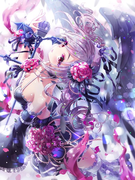 Anime picture 800x1067 with idolmaster idolmaster cinderella girls kanzaki ranko zenyu single long hair tall image blush fringe standing twintails bare shoulders signed purple hair parted lips pink eyes hair flower from above wide sleeves zettai ryouiki