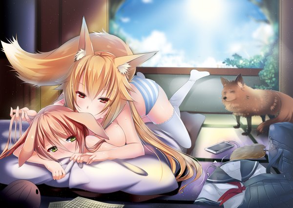 Anime picture 2000x1422 with original usagihime long hair looking at viewer blush highres light erotic blonde hair red eyes multiple girls green eyes animal ears pink hair tail animal tail underwear only fox ears fox tail fox girl shoujo ai