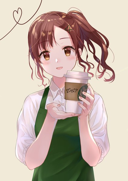 Anime picture 1300x1839 with original starbucks pechi (peeechika) single long hair tall image looking at viewer blush open mouth simple background brown hair holding brown eyes upper body :d fingernails side ponytail heart of string girl hair ornament