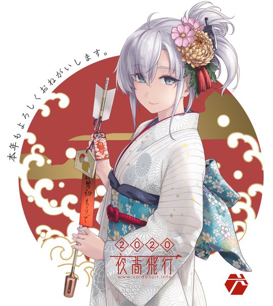 Anime picture 1073x1200 with kantai collection suzutsuki (kancolle) rokuwata tomoe single long hair tall image fringe hair between eyes holding silver hair upper body ahoge traditional clothes japanese clothes grey eyes new year 2020 girl hair ornament kimono