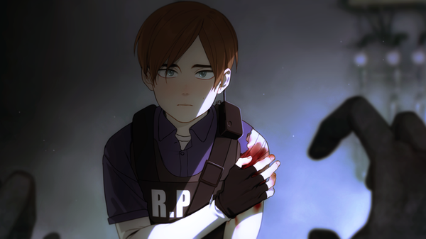 Anime picture 1620x911 with resident evil leon s. kennedy e7 (runaway162) looking at viewer short hair brown hair wide image upper body grey eyes depth of field pov boy gloves shirt black gloves fingerless gloves blood bandage (bandages)