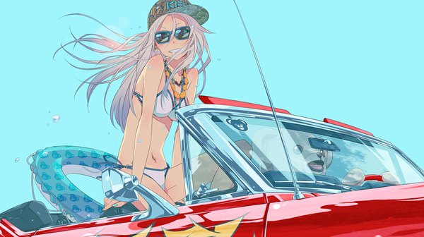 Anime picture 1000x560 with monq (artist) single long hair blush simple background smile wide image nail polish grey hair blue background girl navel swimsuit bikini toy necklace sunglasses water drop ground vehicle swim ring