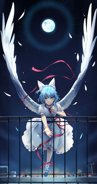 Anime picture 1200x2261 with touhou mai (touhou) yorktown cv-5 single tall image looking at viewer short hair blue eyes smile blue hair sky ponytail parted lips night short sleeves leaning leaning forward puffy sleeves night sky outstretched arm