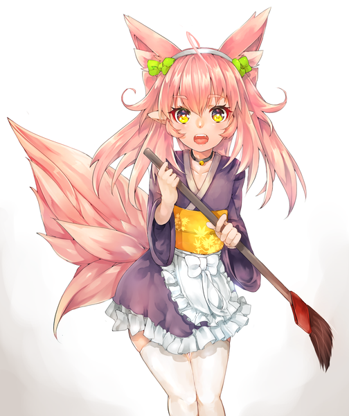 Anime picture 1609x1913 with original maido mido single long hair tall image looking at viewer blush fringe open mouth simple background standing white background animal ears yellow eyes pink hair ahoge tail long sleeves animal tail pointy ears