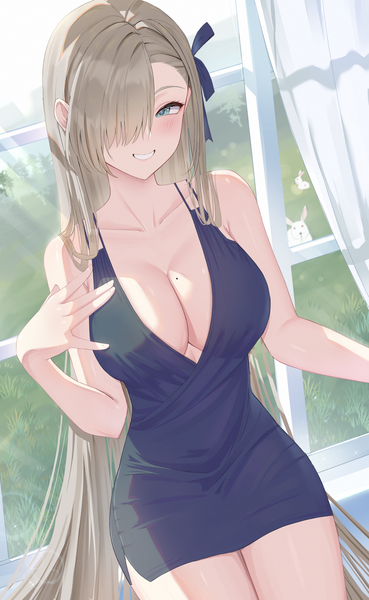 Anime picture 2536x4125 with blue archive asuna (blue archive) rosumerii single tall image looking at viewer blush fringe highres breasts light erotic blonde hair smile large breasts sitting bare shoulders cleavage indoors very long hair aqua eyes