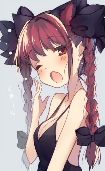 Anime picture 987x1600 with touhou kaenbyou rin usamata single long hair tall image blush fringe breasts open mouth simple background red eyes bare shoulders animal ears cleavage upper body red hair braid (braids) one eye closed cat ears
