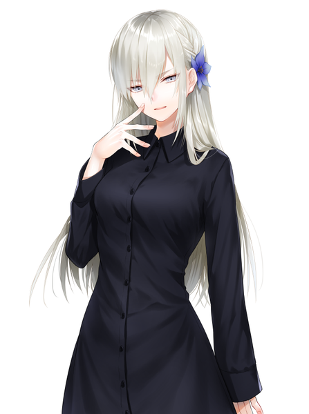 Anime picture 680x913 with original waka (shark waka) single long hair tall image looking at viewer fringe breasts simple background hair between eyes standing white background silver hair upper body long sleeves parted lips hair flower fingernails light smile shiny skin