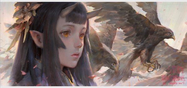 Anime picture 1500x714 with original krenz single long hair fringe black hair wide image signed payot blunt bangs traditional clothes japanese clothes hair flower horn (horns) lips pointy ears orange eyes lipstick letterboxed face
