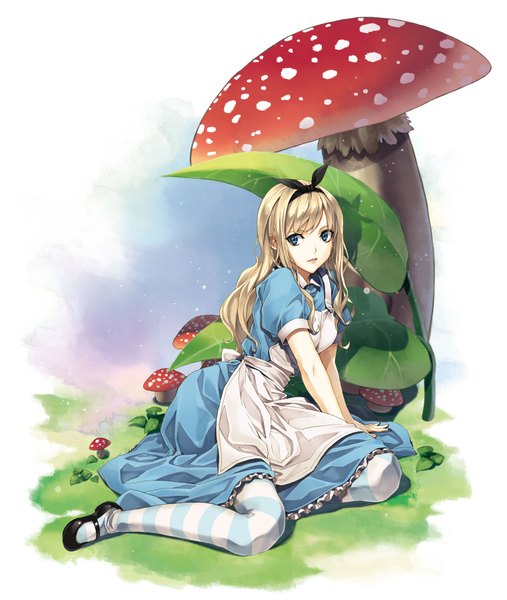 Anime picture 1521x1800 with alice in wonderland alice (wonderland) luna (reclaimed land) single long hair tall image looking at viewer blush blue eyes blonde hair sitting lips girl thighhighs dress hair ornament ribbon (ribbons) plant (plants) shoes hairband