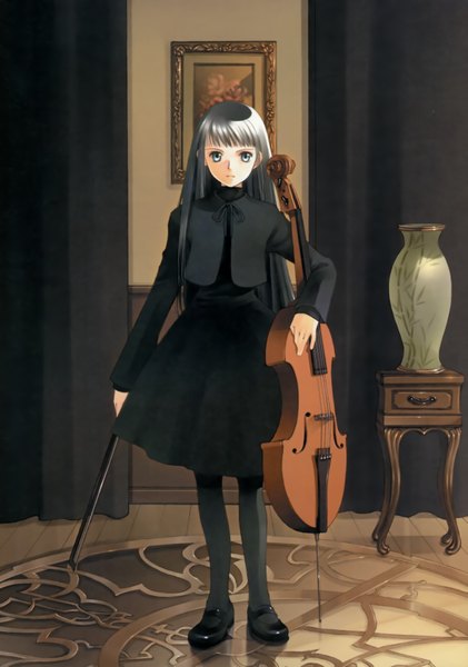 Anime picture 2549x3634 with original shiina yuu tall image looking at viewer highres standing grey hair silver eyes girl dress bow pantyhose black dress cape picture bow (instrument) cello