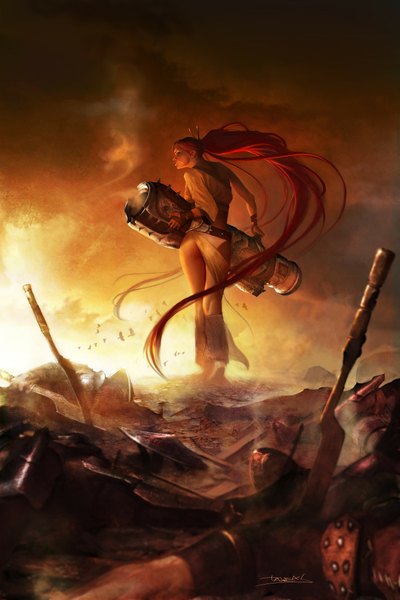 Anime picture 1400x2100 with heavenly sword noriko long hair tall image signed ass ponytail red hair from behind smoke girl weapon sword armor gun