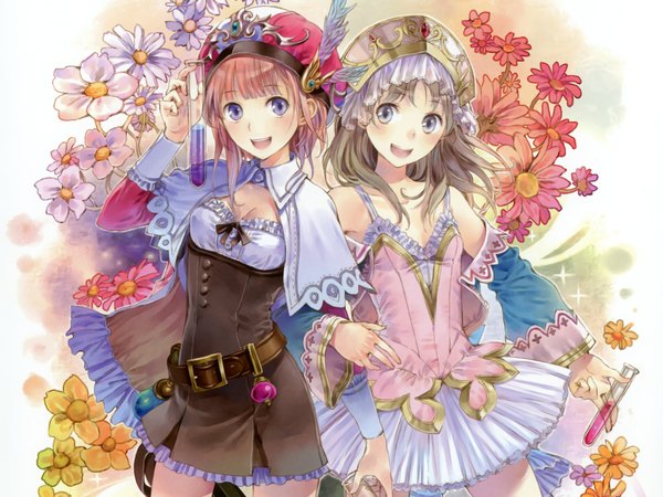 Anime picture 2048x1536 with atelier (series) gust (company) atelier rorona and totori (artbook) totooria helmold rororina fryxell kishida mel long hair blush highres short hair open mouth blue eyes blonde hair brown hair multiple girls game cg girl dress flower (flowers) 2 girls