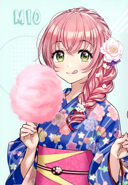 Anime picture 2406x3464 with original morikura en single long hair tall image looking at viewer blush fringe highres simple background smile hair between eyes standing holding green eyes payot pink hair upper body braid (braids) traditional clothes