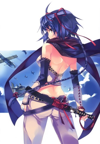 Anime picture 4879x6990 with original refeia single tall image highres short hair bare shoulders brown eyes blue hair absurdres ahoge looking back back single braid girl ribbon (ribbons) weapon hair ribbon detached sleeves sword