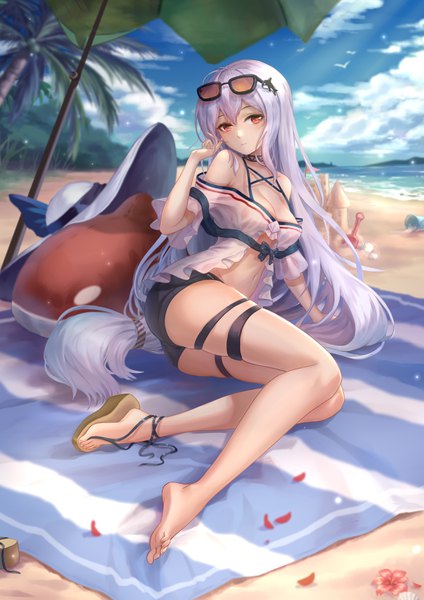 Anime picture 2480x3508 with arknights skadi (arknights) skadi (waverider) (arknights) yelan xing xuan single tall image looking at viewer blush fringe highres breasts light erotic smile hair between eyes red eyes large breasts sitting bare shoulders sky cleavage