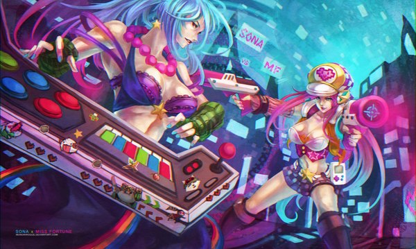 Anime picture 4724x2834 with league of legends sona buvelle miss fortune (league of legends) arcade sona (league of legends) arcade miss fortune (league of legends) monori rogue long hair highres breasts blue eyes light erotic wide image large breasts multiple girls brown eyes blue hair pink hair absurdres lips girl
