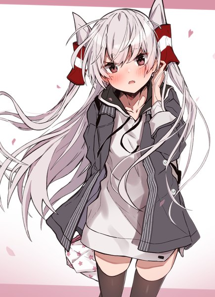 Anime picture 1161x1600 with kantai collection amatsukaze destroyer takanashi kei (hitsujikan) single long hair tall image looking at viewer blush fringe open mouth simple background red eyes standing holding silver hair head tilt open jacket two side up official alternate costume adjusting hair