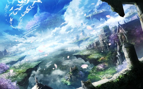 Anime picture 1920x1200 with original rel highres sky cloud (clouds) from above wind wallpaper cherry blossoms flying no people landscape scenic ruins rock floating island plant (plants) animal petals tree (trees)