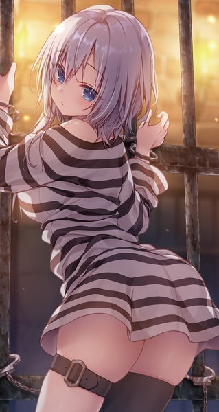 Anime picture 1090x2048 with liar liar kino (kino konomi) single tall image blush fringe short hair blue eyes light erotic hair between eyes standing looking away silver hair indoors turning head skindentation striped chained girl thighhighs