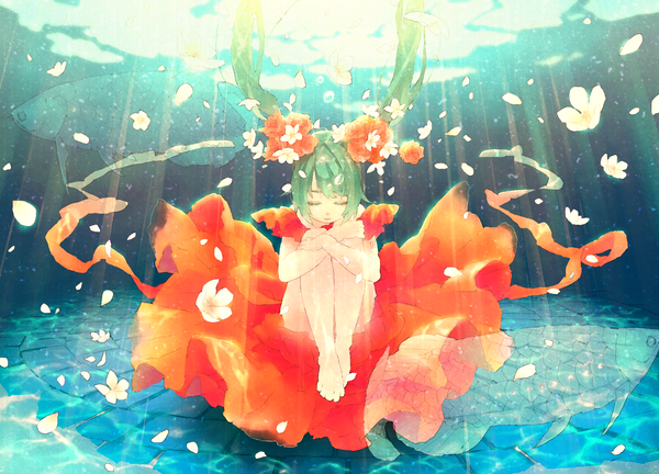 Anime picture 1500x1080 with vocaloid hatsune miku pood1e single sitting twintails eyes closed barefoot hair flower green hair tattoo underwater leg hug girl dress hair ornament flower (flowers) water fish (fishes)