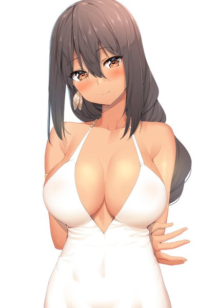 Anime picture 752x1062 with azur lane south dakota (azur lane) south dakota (solo concert) (azur lane) body mahattaya ginga single long hair tall image looking at viewer blush fringe breasts light erotic simple background hair between eyes brown hair large breasts standing white background bare shoulders brown eyes