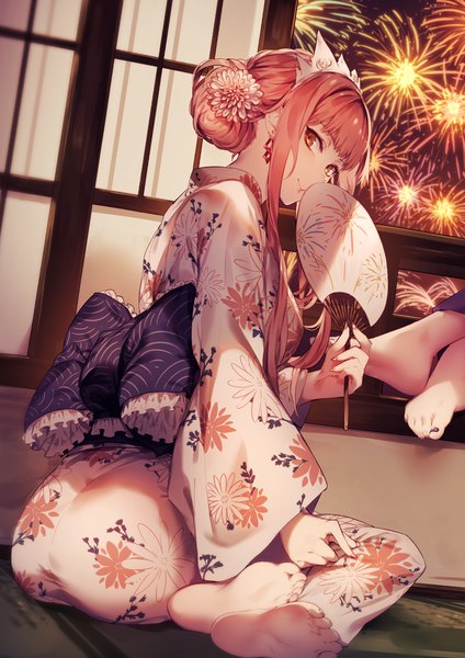 Anime picture 800x1132 with fate (series) fate/grand order medb (fate) kyouya (mukuro238) tall image looking at viewer fringe short hair breasts smile sitting holding yellow eyes payot pink hair full body ass indoors blunt bangs nail polish