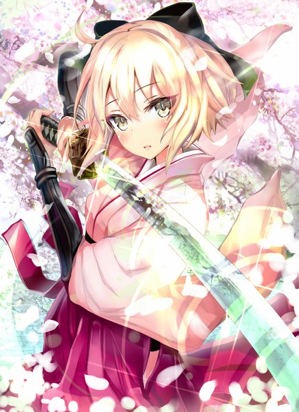 Anime picture 871x1200 with fate (series) okita souji (fate) (all) okita souji (koha-ace) keepout single tall image looking at viewer fringe short hair blonde hair hair between eyes holding yellow eyes upper body ahoge traditional clothes parted lips japanese clothes wind sunlight