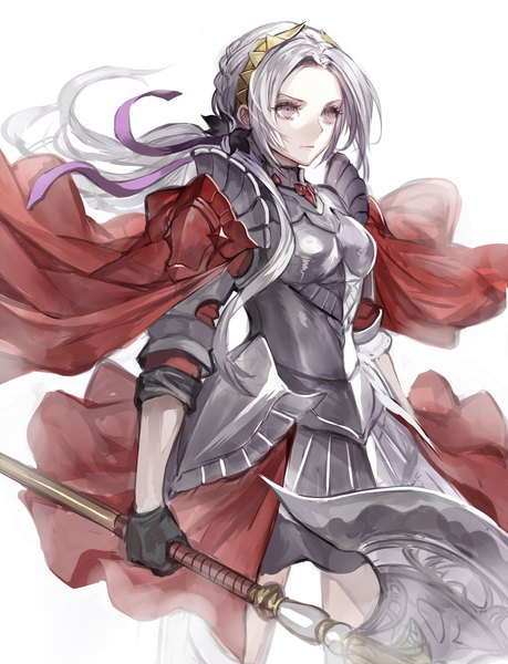 Anime picture 1000x1306 with fire emblem fire emblem: three houses fire emblem warriors: three hopes nintendo edelgard von hresvelg senano-yu single long hair tall image simple background standing white background purple eyes looking away silver hair serious girl gloves weapon black gloves