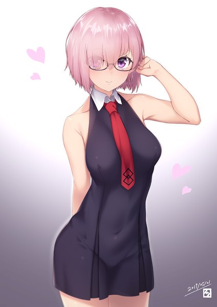 Anime picture 868x1228 with fate (series) fate/grand order mash kyrielight mku (artist) single tall image looking at viewer blush fringe short hair breasts light erotic simple background smile hair between eyes standing purple eyes bare shoulders pink hair arm up