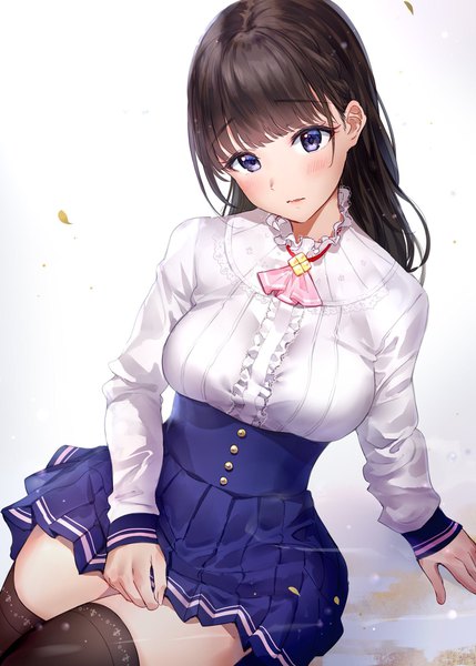 Anime picture 1464x2048 with original takeashiro single long hair tall image looking at viewer blush fringe breasts simple background large breasts white background sitting purple eyes blunt bangs long sleeves head tilt pleated skirt arm support zettai ryouiki