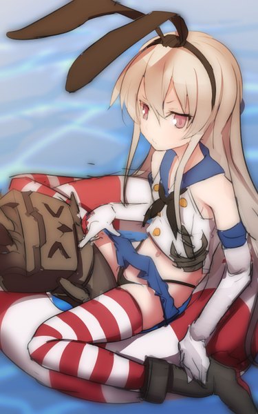 Anime picture 900x1440 with kantai collection shimakaze destroyer rensouhou-chan namago long hair tall image looking at viewer light erotic blonde hair red eyes sitting wariza sketch > < girl gloves navel underwear panties elbow gloves
