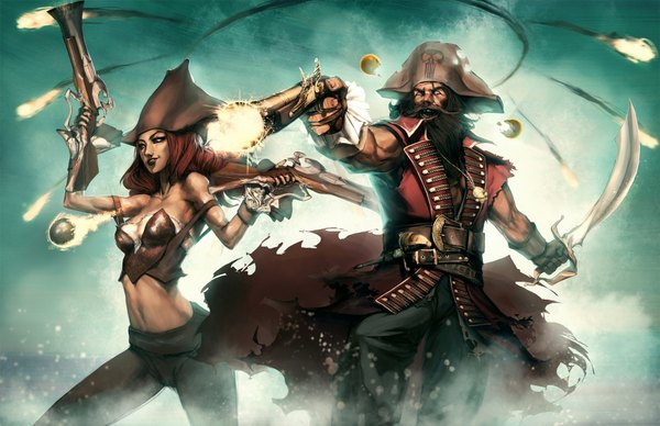 Anime picture 1980x1282 with league of legends miss fortune (league of legends) gangplank (league of legends) long hair highres brown hair brown eyes midriff torn clothes pirate girl boy navel weapon gun skull pistol beard dagger mustache