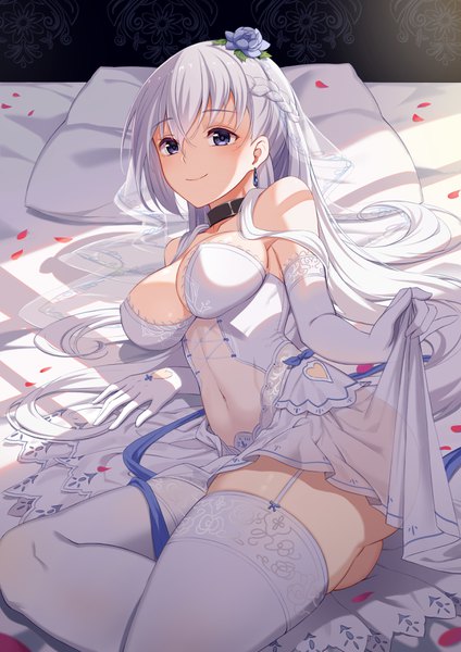 Anime picture 2480x3508 with azur lane belfast (azur lane) belfast (claddagh ring's vow) (azur lane) baseness single long hair tall image looking at viewer blush fringe highres breasts blue eyes light erotic hair between eyes large breasts bare shoulders cleavage silver hair lying