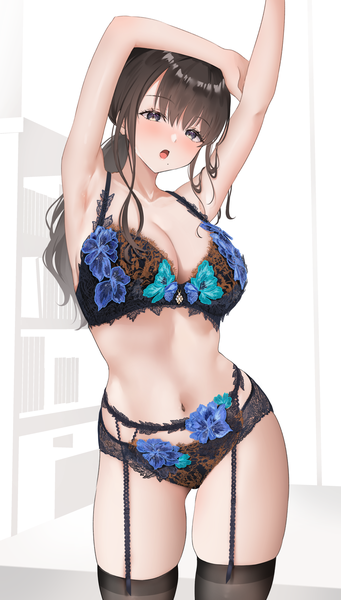 Anime picture 1302x2292 with original kayano momo single long hair tall image looking at viewer blush fringe breasts open mouth light erotic hair between eyes brown hair large breasts brown eyes indoors head tilt mole arms up :o