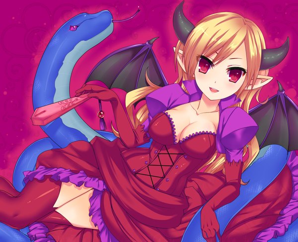 Anime-Bild 2039x1653 mit puzzle & dragons lilith (p&d) geminiboar long hair blush highres breasts blonde hair red eyes pointy ears demon girl girl thighhighs dress gloves wings elbow gloves snake
