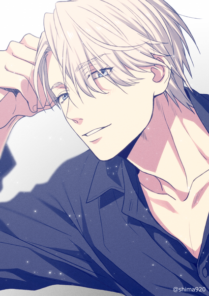 Anime picture 600x847 with yuri!!! on ice mappa viktor nikiforov mashima shima single tall image looking at viewer fringe short hair blue eyes simple background blonde hair parted lips light smile lips partially open clothes boy shirt