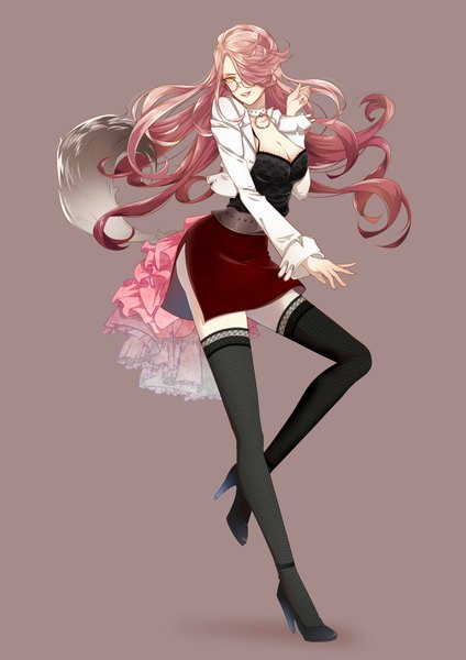 Anime picture 2480x3507 with xinshijie de akalin single long hair tall image looking at viewer fringe highres light erotic yellow eyes pink hair cleavage hair over one eye girl thighhighs skirt black thighhighs miniskirt glasses
