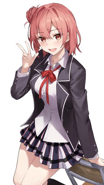 Anime picture 2037x3605 with yahari ore no seishun love comedy wa machigatteiru. brains base (studio) yuigahama yui star741 single tall image looking at viewer blush fringe highres short hair open mouth simple background smile hair between eyes standing white background pink hair long sleeves :d