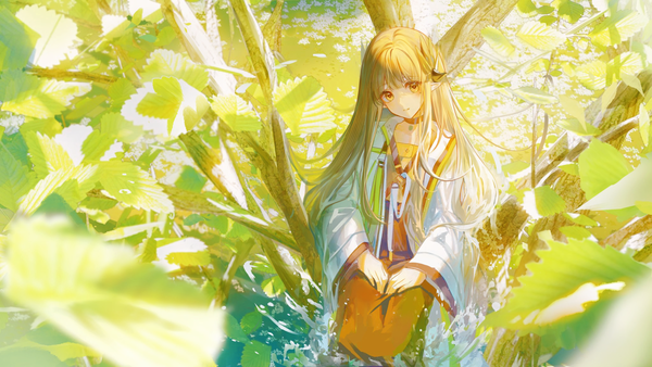 Anime picture 1422x800 with arknights muelsyse (arknights) lium single long hair looking at viewer brown hair wide image sitting outdoors head tilt from above pointy ears orange eyes girl plant (plants) tree (trees)