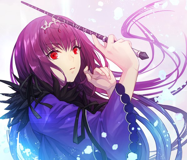 Anime picture 1400x1200 with fate (series) fate/grand order scathach (fate) (all) scathach skadi (fate) rokuo016 single long hair fringe hair between eyes red eyes looking away purple hair upper body fingernails girl wand