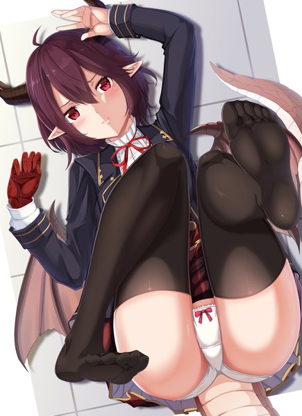 Anime picture 3252x4482 with shingeki no bahamut manaria friends grea (shingeki no bahamut) gatari single tall image looking at viewer blush fringe highres short hair light erotic hair between eyes red eyes brown hair absurdres ahoge tail horn (horns) from above