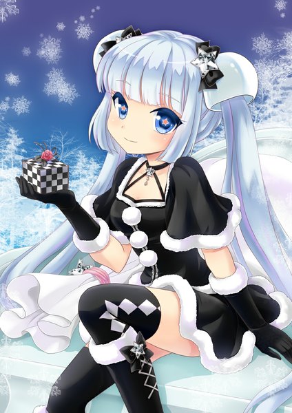 Anime picture 800x1132 with miss monochrome miss monochrome (character) inahomisuzu long hair tall image looking at viewer blush blue eyes twintails sky silver hair winter girl thighhighs dress gloves hair ornament bow black thighhighs hair bow