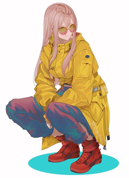Anime picture 1477x2048 with original marumoru single long hair tall image looking at viewer fringe simple background hair between eyes white background yellow eyes payot pink hair full body long sleeves squat between legs popped collar girl earrings
